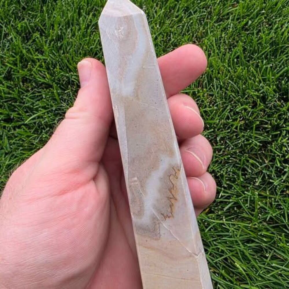 Polished Neutral Crystal Tower | Beige Banded Stone Obelisk